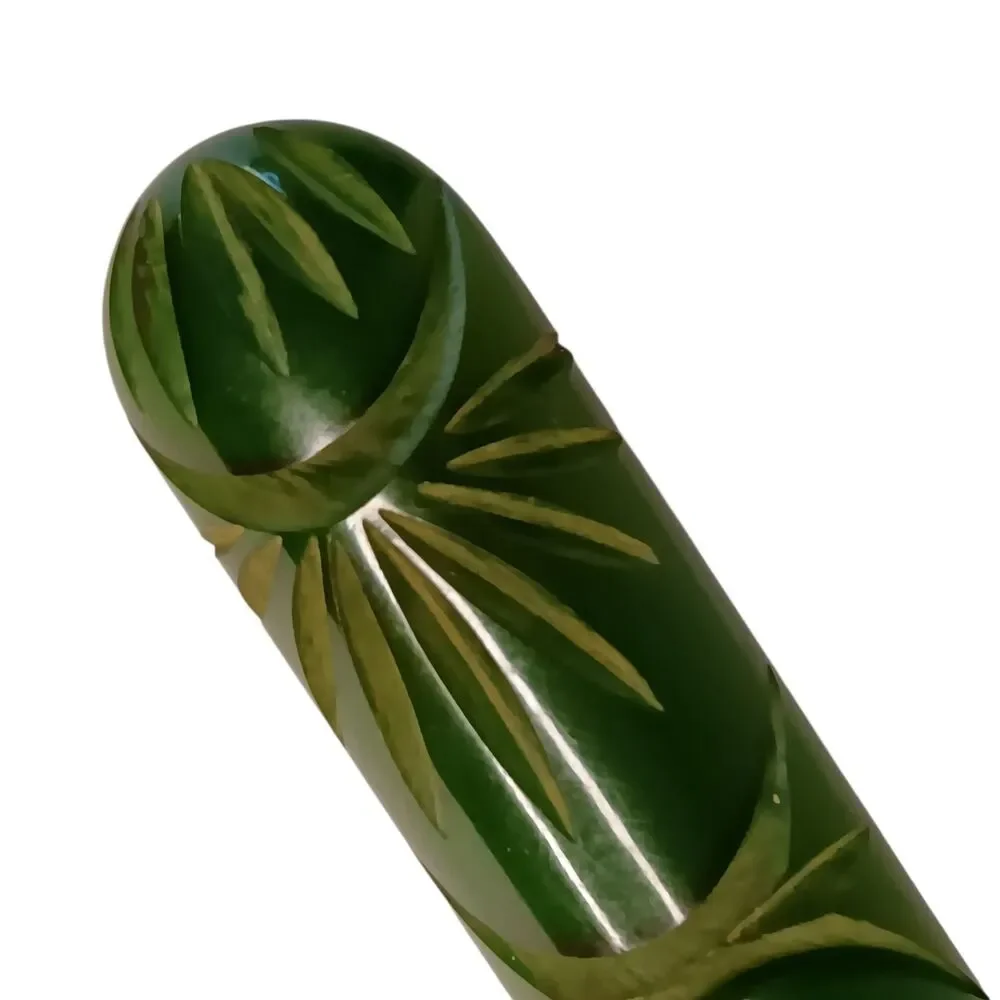 Bakelite Brooch Carved Dark Green Bar Pin Art Deco Tropical Leaf Fan Design 3.25